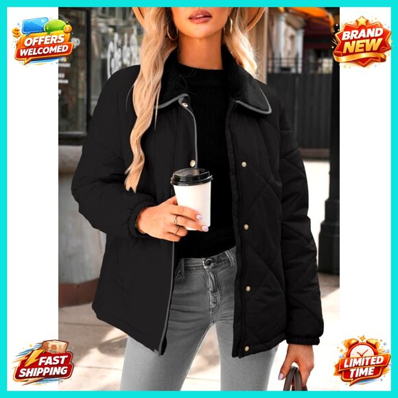 Quilted Puffer Jacket Casual Oversized Chic Winter Outerwear Snap Front - Picture 2 of 6